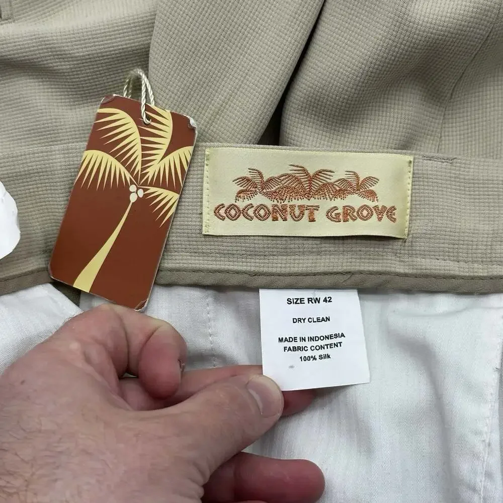 Coconut Grove Mens Size 42 Unfinished Hem Beige 100% Silk Pleated Suit Pants NWT